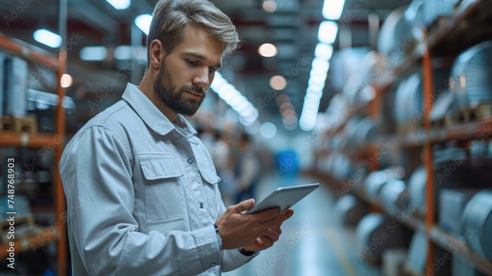 Leinwandbilder worker working in a modern factory with a tablet in his hands. generative ai.