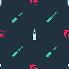 Set Hexagram sheriff, Bullet and Telescopic baton on seamless pattern. Vector