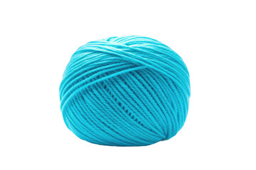 A tightly wound ball of blue yarn with its fibers neatly coiled and ready for use in knitting. The soft texture of the yarn contrasts beautifully against the stark white surface. - Powered by Adobe