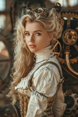 Beautiful Blonde Woman Background in the Style Steampunk Gears and Steam Pipes integrated into Her Design created with Generative AI Technology
