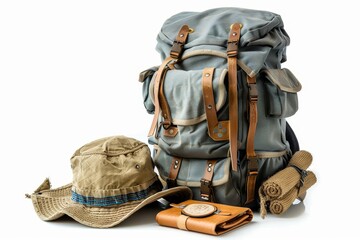 The backpack contains tourist equipment - isolated on a white background
