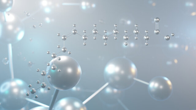 palmitoleic acid molecular structure, 3d model molecule, omega-7, structural chemical formula view from a microscope