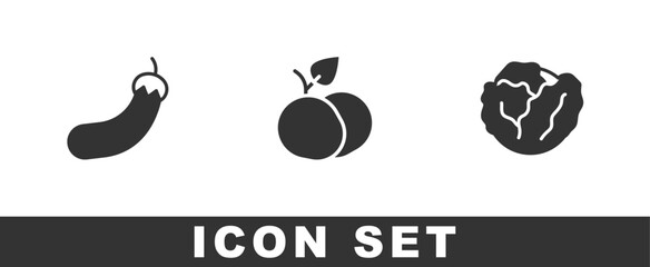 Set Eggplant, Mango fruit and Cabbage icon. Vector