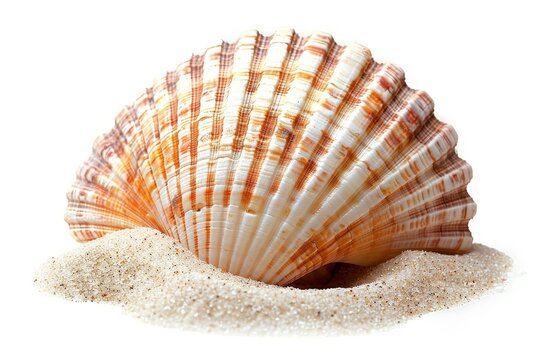 An isolated seashell on sand with a white background