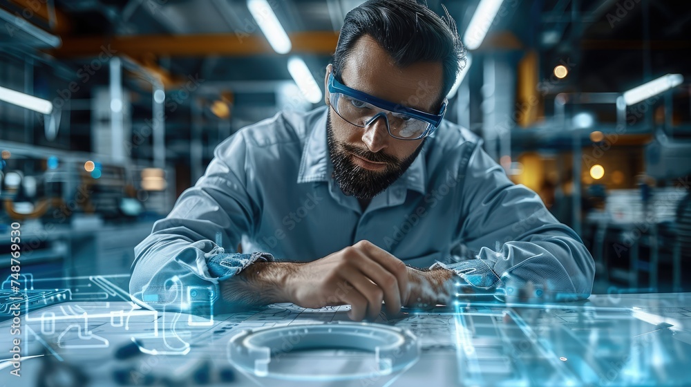 Poster Professional engineer sitting at a table with drawings, using augmented reality on a mobile device to display digital twin engineering of an HVAC system. Generative AI.