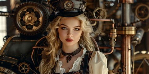 Fototapeta na wymiar Beautiful Blonde Woman Background in the Style Steampunk Gears and Steam Pipes integrated into Her Design created with Generative AI Technology