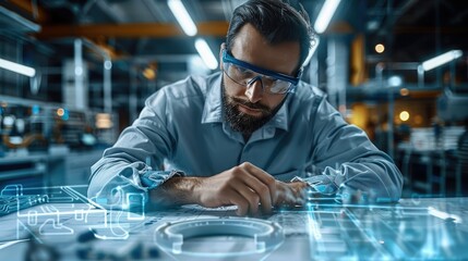 Professional engineer sitting at a table with drawings, using augmented reality on a mobile device to display digital twin engineering of an HVAC system. Generative AI.