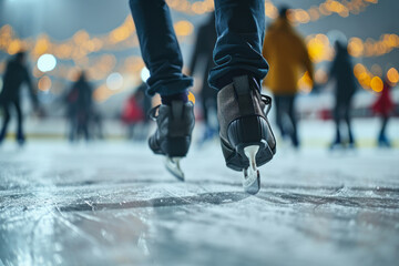 Obraz premium Close-up Ice Skates on Rink with Bokeh Lights.