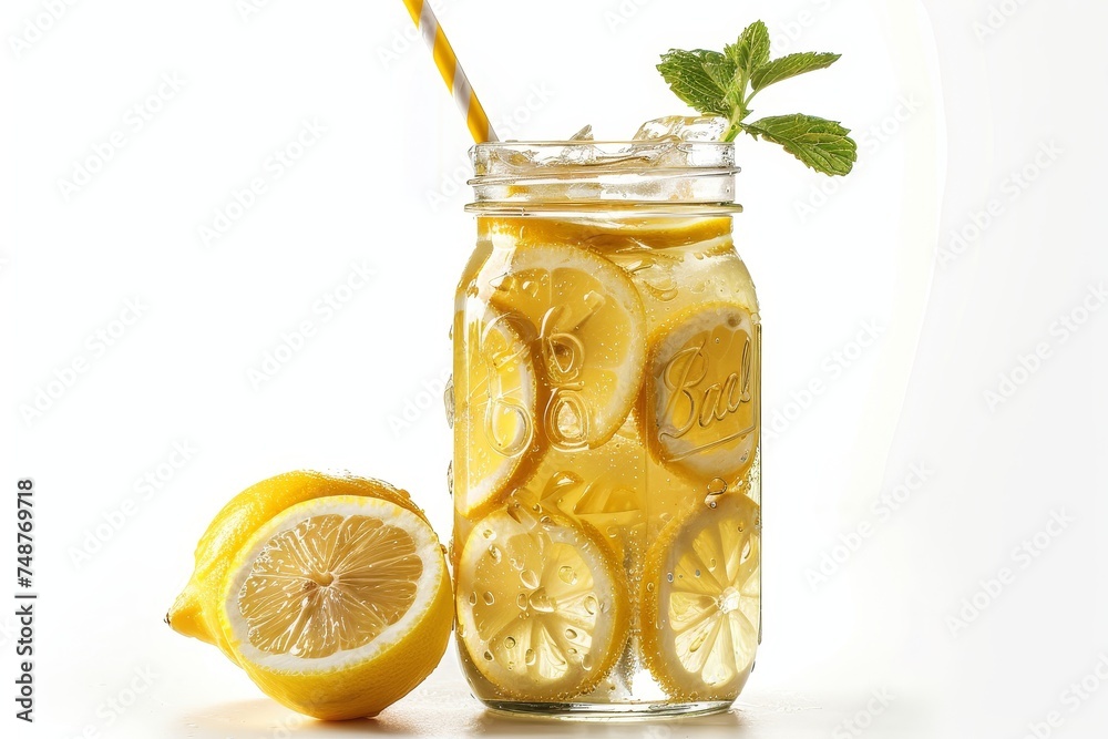 Poster lemonade in a mason jar with lemons and straw on a white background
