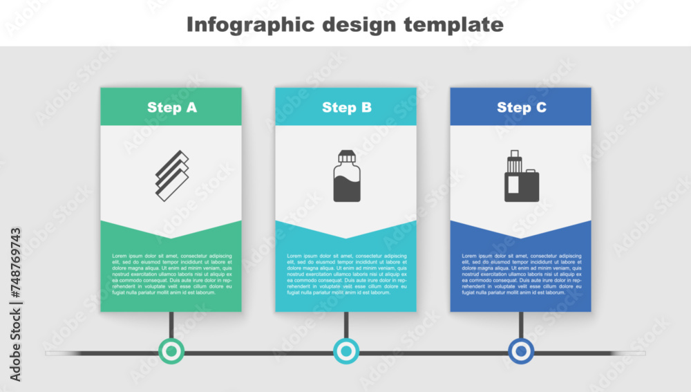 Sticker Set Cigarette rolling papers, Vape liquid bottle and mod device. Business infographic template. Vector