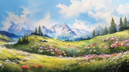 Alpine mountain range with vibrant meadow and cloudy sky. Wall art wallpaper