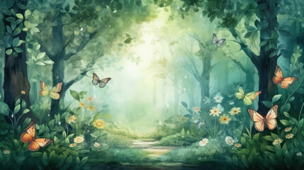 Butterflies in sunlit watercolor forest glade. Wall art wallpaper