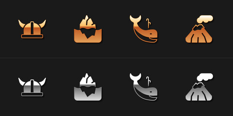Set Viking in horned helmet, Iceberg, Whale and Volcano icon. Vector