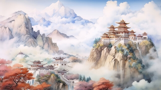 Ancient temple high on misty cliffs watercolor painting. Wall art wallpaper
