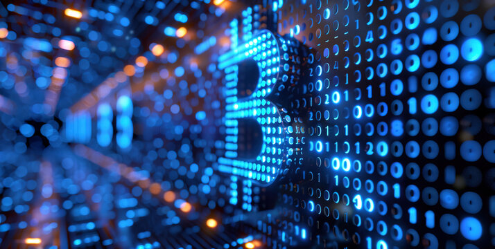 Bitcoin symbol logo on a dark blue background , blockchain concept of technology copy space, blue binary code Future freedom money, Background cover banner  wallpaper 