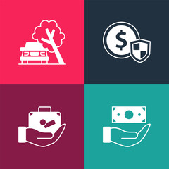 Set pop art Money with shield, Travel suitcase in hand, and Car damaged by fallen tree icon. Vector