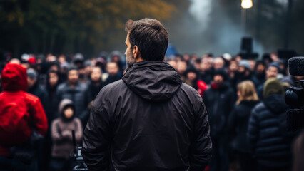 Man Standing Before a Crowd in a Public Gathering.