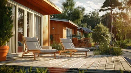 The Peaceful Ambiance of a Terrace with a Mobile Home and Nestled Holiday Cottage - obrazy, fototapety, plakaty