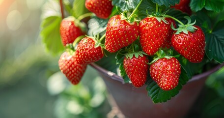 The Idyllic Beauty of Ripe Organic Strawberries in Their Natural Habitat. Strawberries in flowerpot concept.