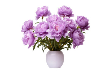 A white vase filled to the brim with vibrant purple flowers, creating a striking contrast between the colors. The flowers are bunched tightly together.
