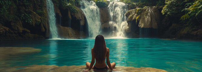 Fototapeta na wymiar A girl in a natural pool surrounded