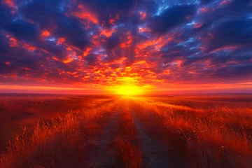 Foto op Canvas Radiant Sunset Rays Over Wildflower Field. © Fukume