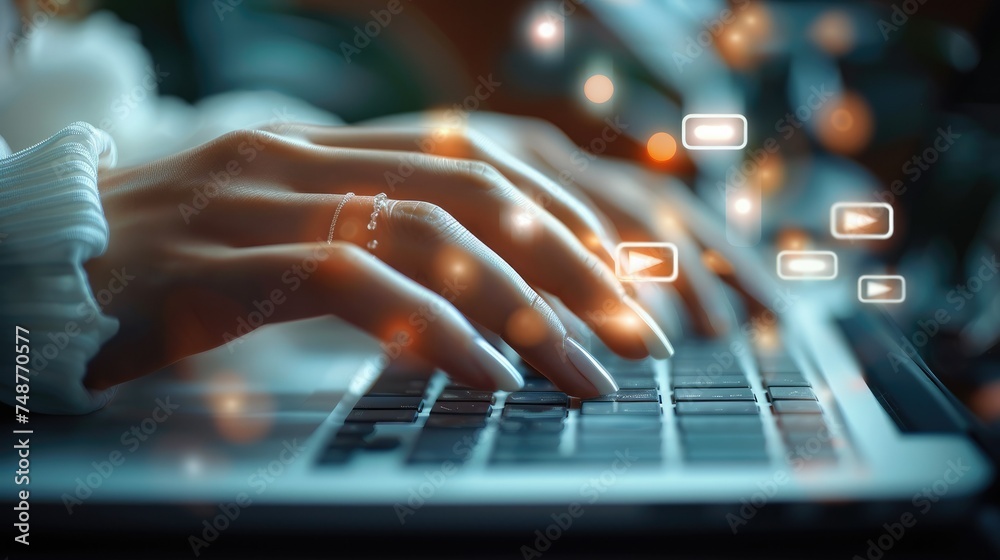 Aufkleber close-up hand, user engagement in digital business application, communication via chat. generative a