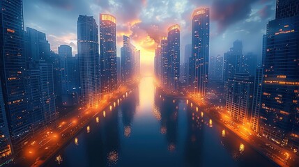 Night skyscraper city landscape with lights on and sunset. Generative AI.