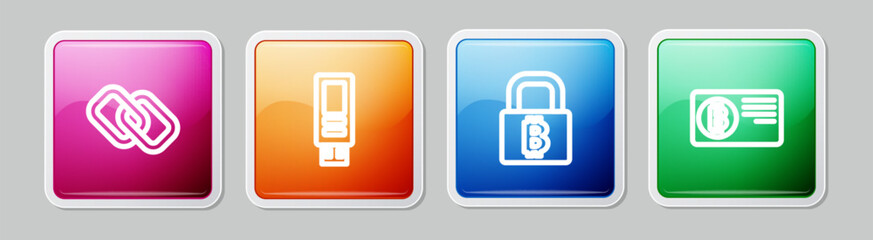 Set line Chain link, USB flash drive, Lock with bitcoin and Credit card. Colorful square button. Vector