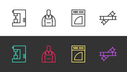 Set line Coffee machine, Barista, paper filter and Sugar stick packets on black and white. Vector