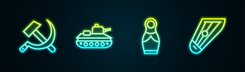 Set line Hammer and sickle USSR, Military tank, Russian doll matryoshka and Kankles. Glowing neon icon. Vector - obrazy, fototapety, plakaty