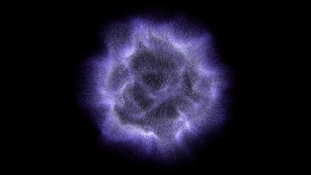 3D Sphere made of flying blue digital particles on black background. Abstract concept of nanotechnology, particle physics or futuristic energy source. Wave vortex of nanoparticles, looped 4K video