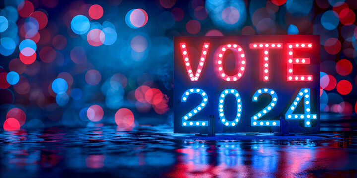 Vote 2024 in lights sign, wide banner, copyspace, USA Election Day