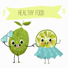 Cute  cartoon lime fruit characters with different activities. Flat vector illustration, funny fruits. Organic food.