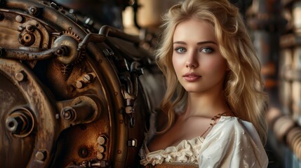 Obraz na płótnie Canvas Beautiful Blonde Woman Background in the Style Steampunk Gears and Steam Pipes integrated into Her Design created with Generative AI Technology