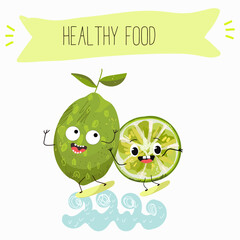 Cute  cartoon lime fruit characters with different activities. Flat vector illustration, funny fruits. Organic food.