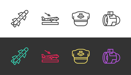 Set line Rocket, Plane landing, Pilot hat and Jet engine turbine on black and white. Vector