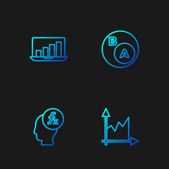 Set line Graph, schedule, chart, diagram, Function mathematical symbol, Laptop with graph and Subsets, math, is subset of. Gradient color icons. Vector