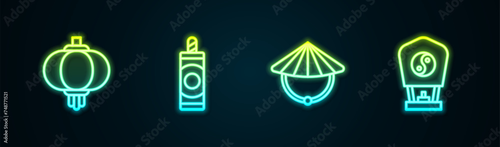 Sticker Set line Chinese paper lantern, Firework, conical straw hat and . Glowing neon icon. Vector