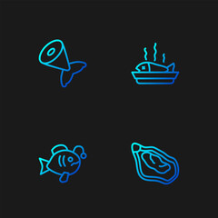 Set line Mussel, Tropical fish, Fish tail and Served on plate. Gradient color icons. Vector