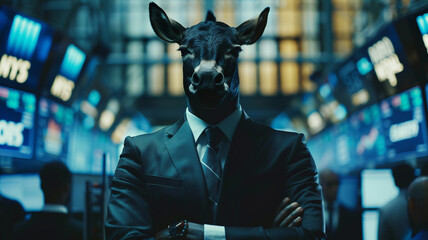 A conceptual image of a businessman with a donkey's head standing in the stock market, symbolizing a humorous or satirical commentary on financial decisions, market conditions, or investor behavior. - obrazy, fototapety, plakaty