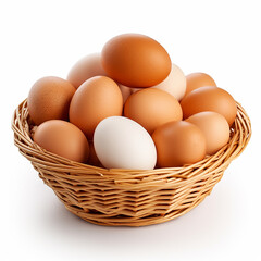 3d photo of egg in basket on white background made with generative ai