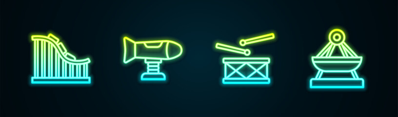 Set line Roller coaster, Swing plane, Drum with drum sticks and Boat swing. Glowing neon icon. Vector