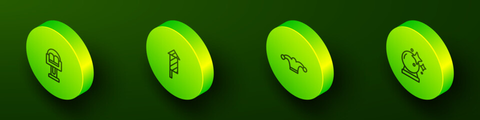 Set Isometric line Attraction carousel, Firework rocket, Jester hat with bells and Magic ball icon. Vector