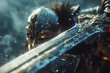 Close-up of an intricate medieval sword held by a knight with detailed armor in a misty setting