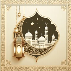 Eid mubarak with an Islamic decorative frame pattern crescent star and lantern on a light ornamental background.