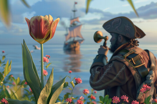 3D render of a pirate with a tulip, peering through a spyglass at a distant ship on the horizon