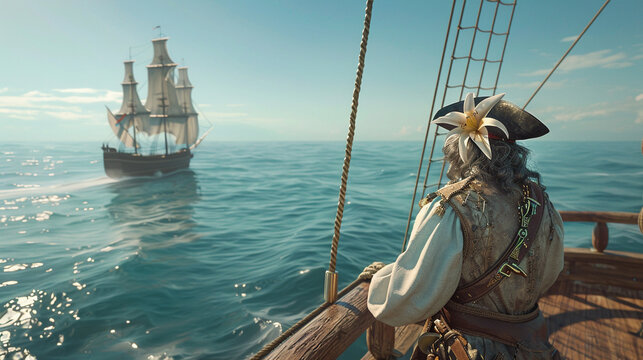 3D render of a pirate captain with a delicate lily, gazing over the open sea from the ships deck