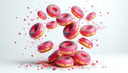 Round Pink Frosted Donuts Flying with Sprinkles on White Background