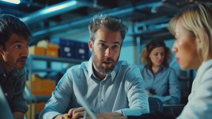 Collaborative logistics meeting with a diverse team discussing shipment strategies